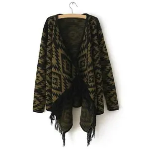Vintage Geometric Pattern Irregular Design Long Sleeves Women's Cardigan - Army Green M