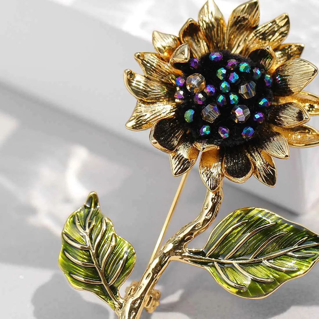 Vintage Gold Van Gogh Crystal Sunflower Brooch Pin
