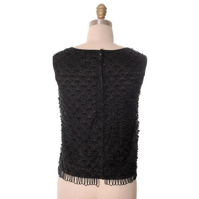 Vintage Ladies Sleeveless Shell Black Lace Harilela's Hand Beaded 1960s 36