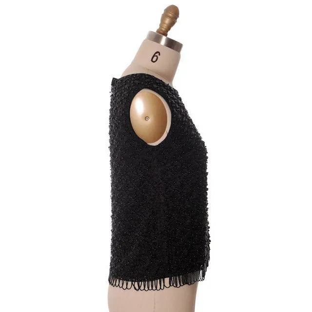 Vintage Ladies Sleeveless Shell Black Lace Harilela's Hand Beaded 1960s 36