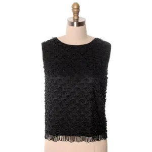 Vintage Ladies Sleeveless Shell Black Lace Harilela's Hand Beaded 1960s 36