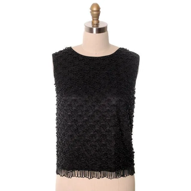 Vintage Ladies Sleeveless Shell Black Lace Harilela's Hand Beaded 1960s 36