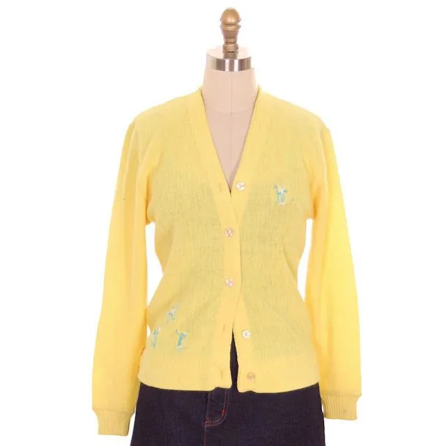 Vintage  Orlon Cardigan Yellow Golf Embroidery  M 1960s Haymaker