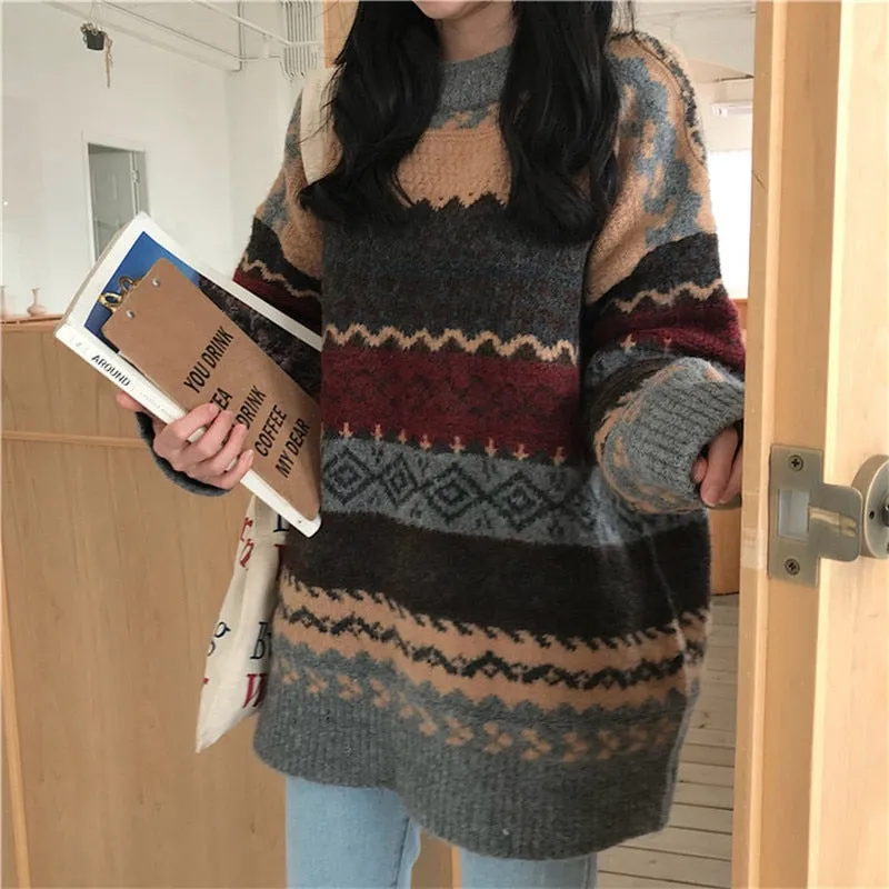 Vintage Sweater Women Knitted Pullovers Striped Winter Streetwear