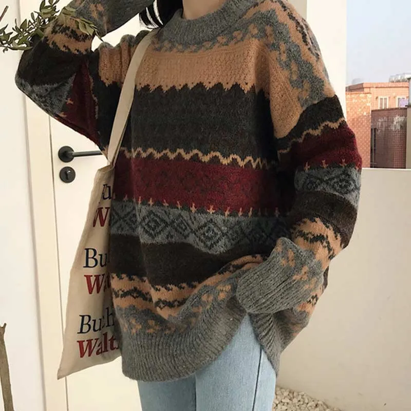 Vintage Sweater Women Knitted Pullovers Striped Winter Streetwear