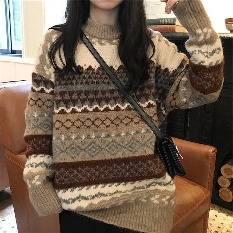 Vintage Sweater Women Knitted Pullovers Striped Winter Streetwear