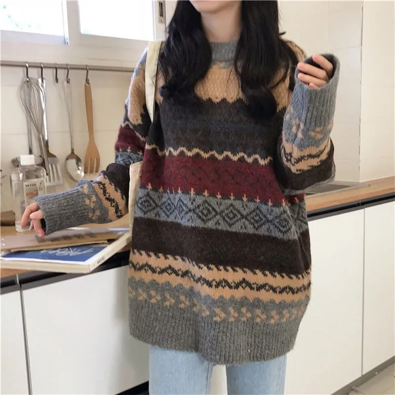 Vintage Sweater Women Knitted Pullovers Striped Winter Streetwear