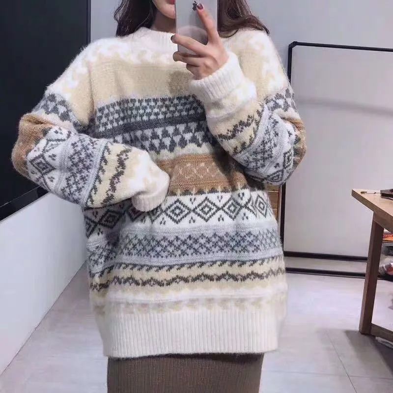 Vintage Sweater Women Knitted Pullovers Striped Winter Streetwear