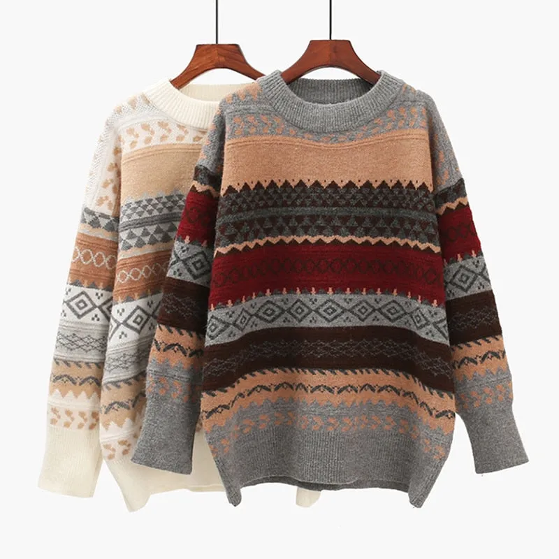 Vintage Sweater Women Knitted Pullovers Striped Winter Streetwear