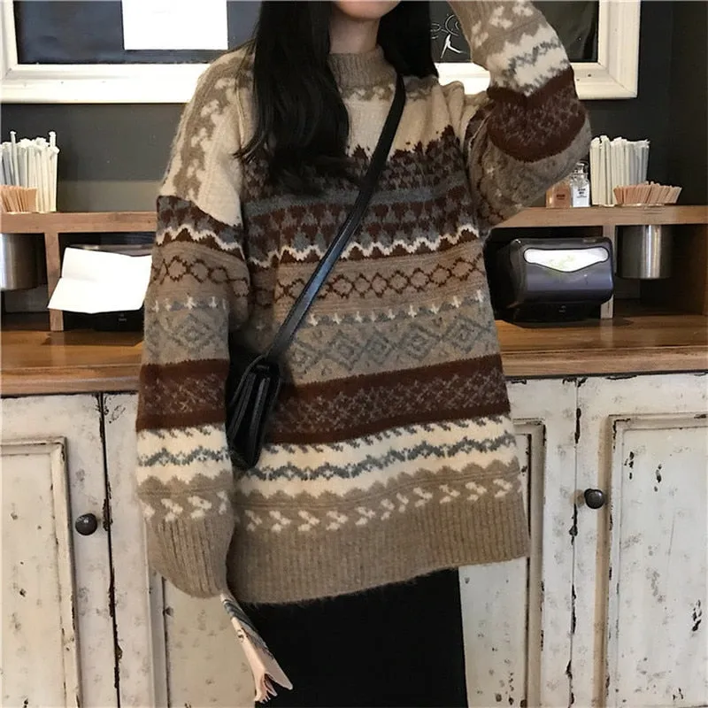 Vintage Sweater Women Knitted Pullovers Striped Winter Streetwear