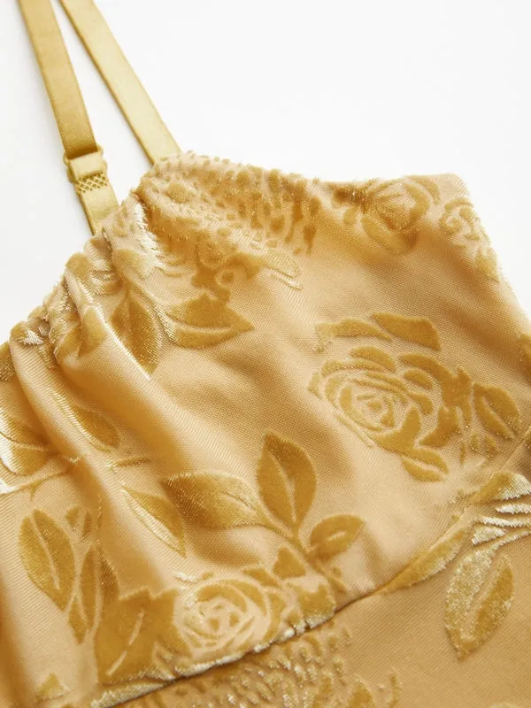 Vintage velvet floral jacquard cami top with bow embellishment