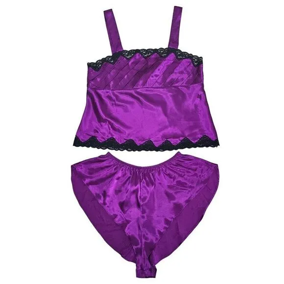 Vintage Victoria's Secret Satin Lace 2 Piece Pajama Shorts Cami Set M Gold Label