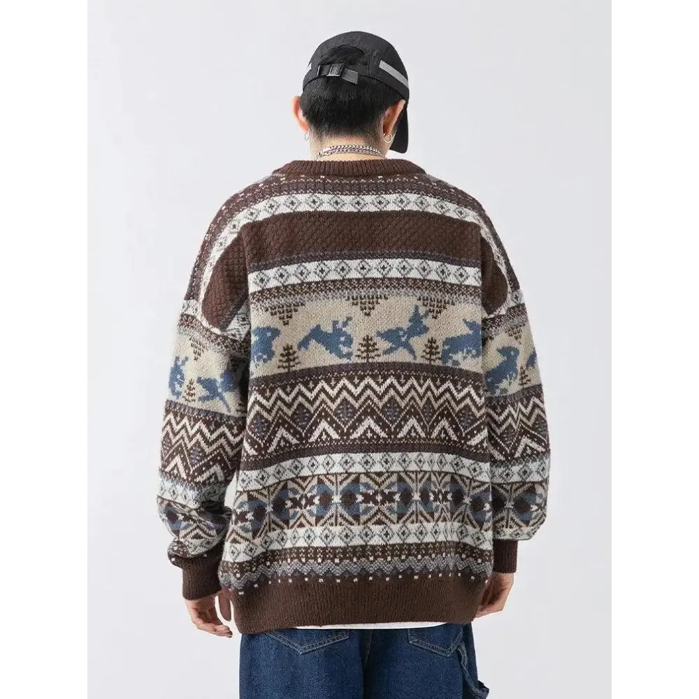 Vintage Y2K Knitted Sweater with Zigzag Pattern and Rabbits Design