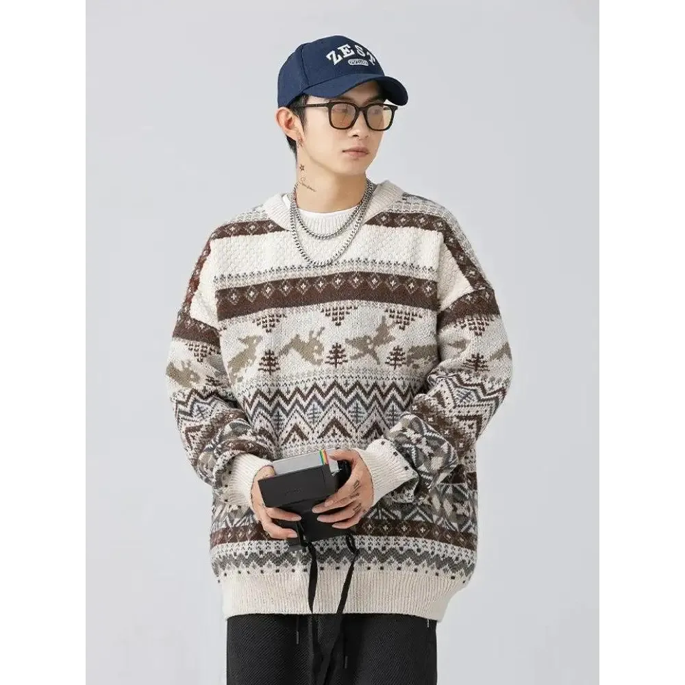 Vintage Y2K Knitted Sweater with Zigzag Pattern and Rabbits Design