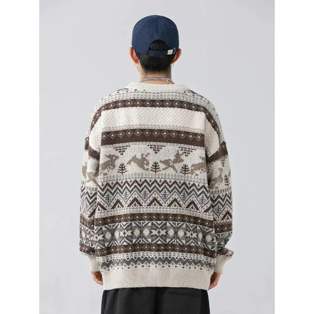 Vintage Y2K Knitted Sweater with Zigzag Pattern and Rabbits Design