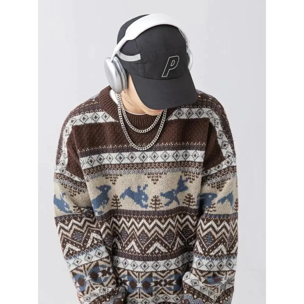 Vintage Y2K Knitted Sweater with Zigzag Pattern and Rabbits Design