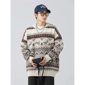 Vintage Y2K Knitted Sweater with Zigzag Pattern and Rabbits Design