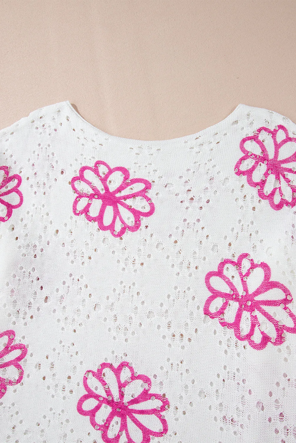 White Contrast Flower Print Eyelet Drop Shoulder Sweater