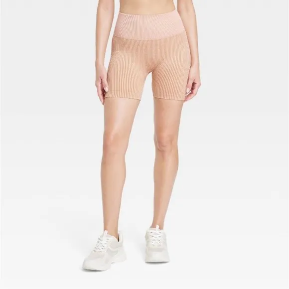 Women's 2 Piece Ribbed Seamless Bra and Bike Shorts JoyLab Clay Pink XL