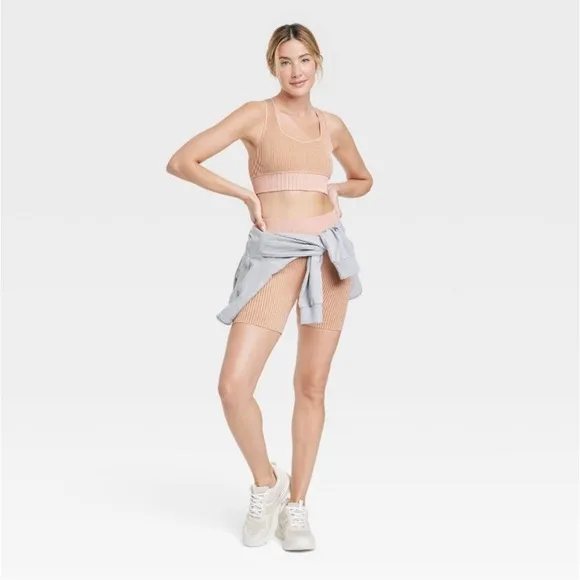 Women's 2 Piece Ribbed Seamless Bra and Bike Shorts JoyLab Clay Pink XL