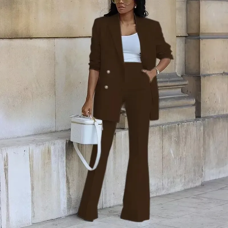 Women's Elegant Buttoned Blazer with Flared Trouser Two-piece Set | Ideal for All Seasons