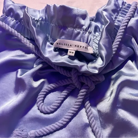 Women’s Medium Satin Pajama Bottom Blue Sleep Shorts Rope Tie Thick Material