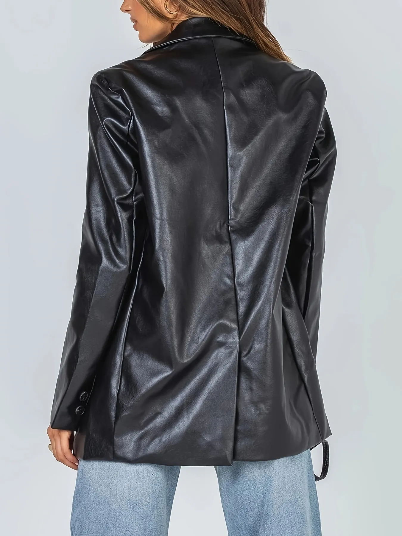 Womens Oversized Faux Leather Blazer with Pockets